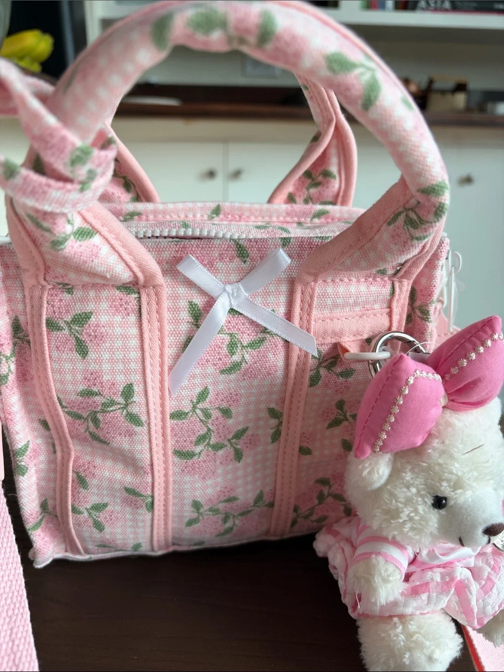 Madden Girl Pink Floral Crossbody with Bear Charm and Matching Pouch